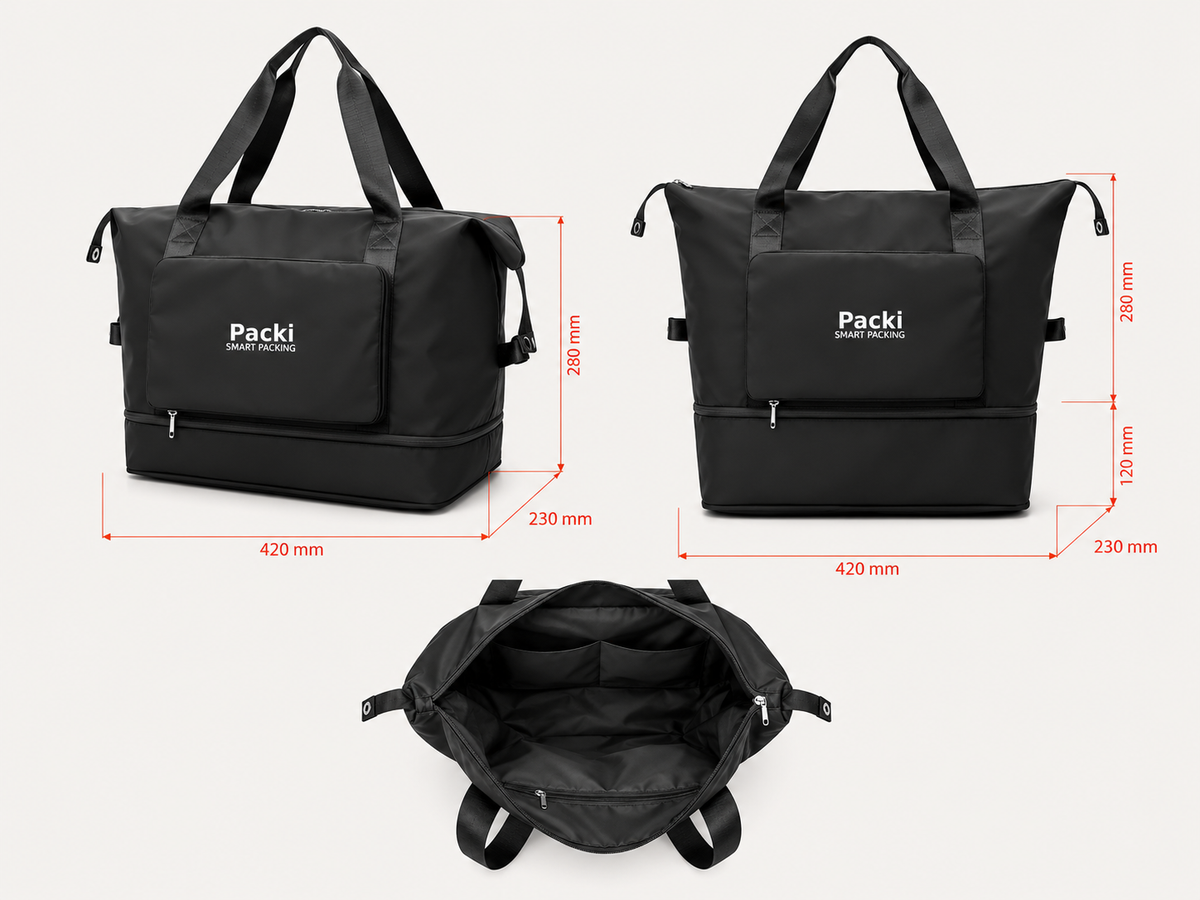 Packi - Black - 3 Stage Foldable Travel Bag – Water-Resistant Smart Packing Organizer
